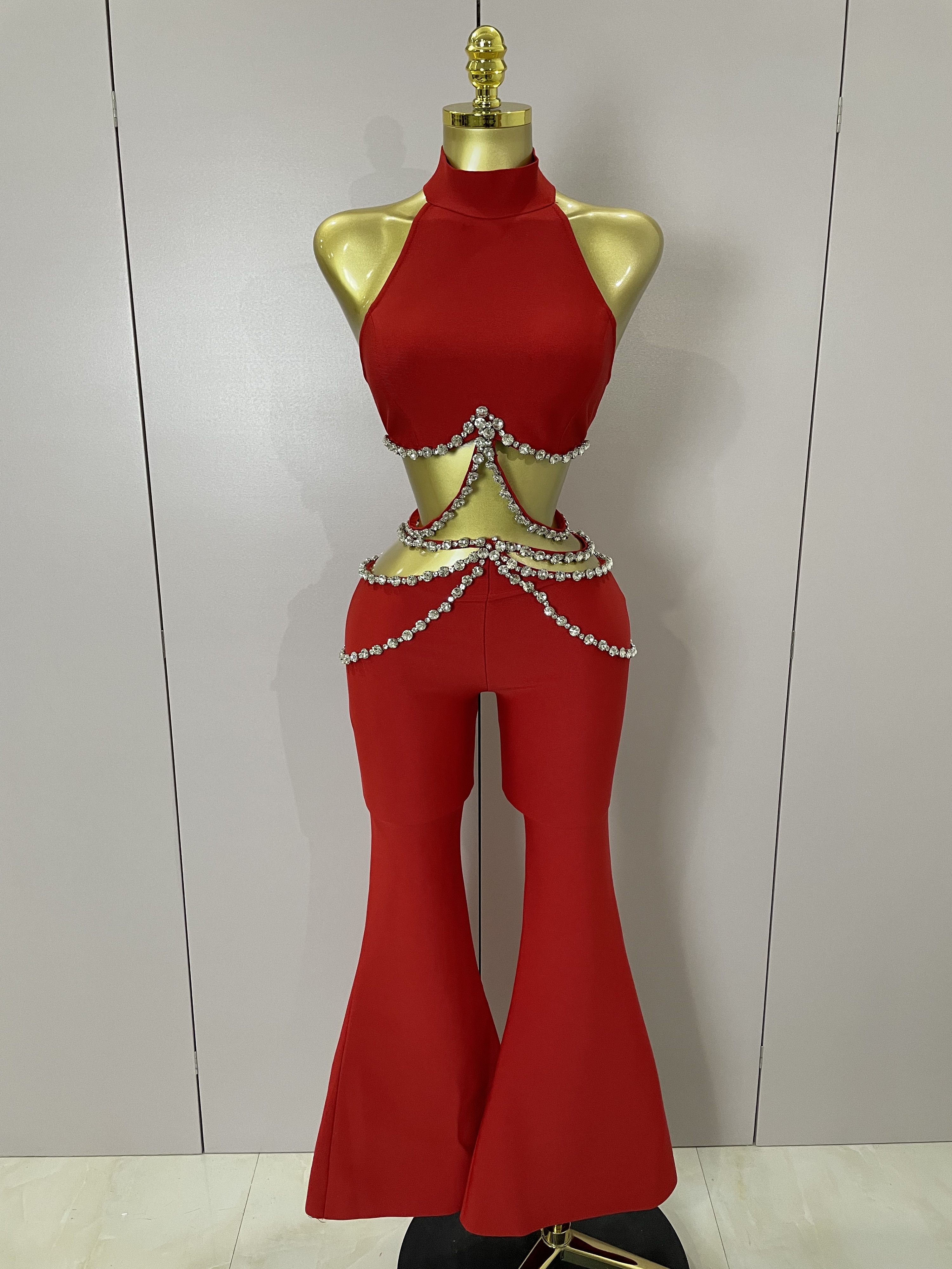 Men'S Fashion Pants 2025 - Luxury Rhinestone Red Sexy Cut Out